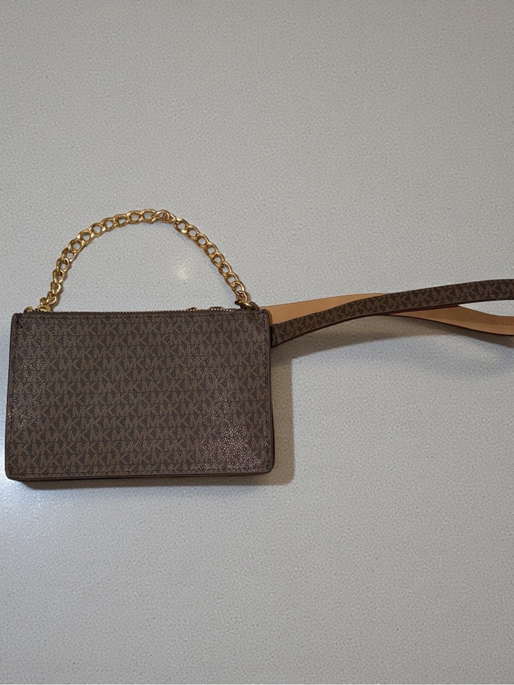 Michael Kors Brown Signature Monogram Belt Bag with Gold Chain